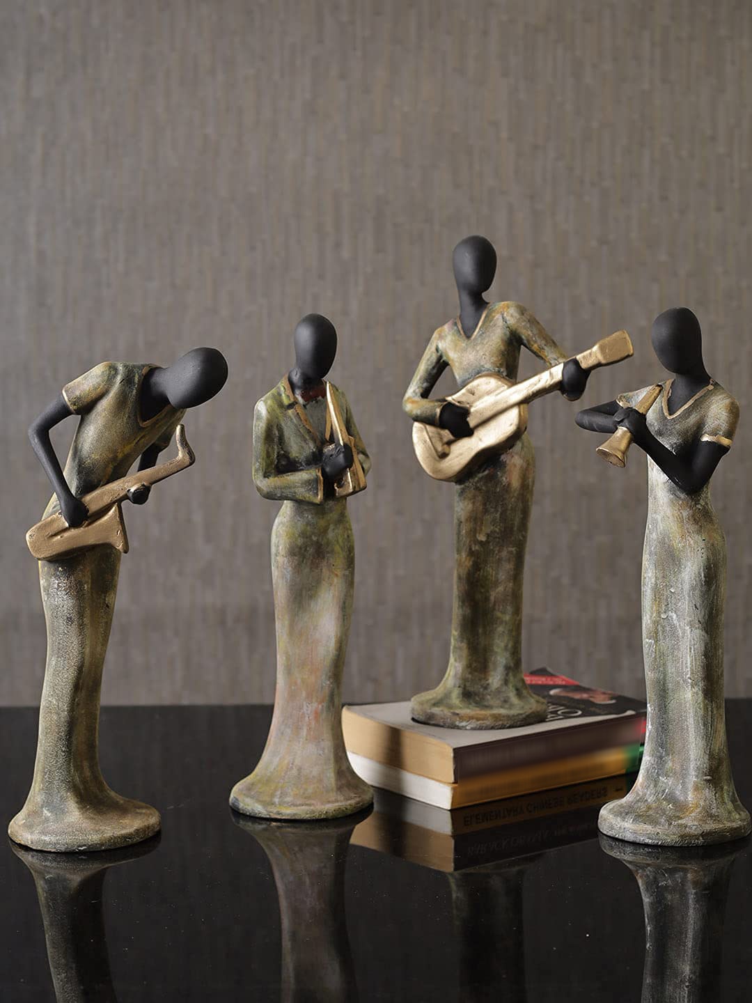 

SANKALAN CREATIONS Brown & Black 4 Pieces Musical Lady Figurine Showpieces