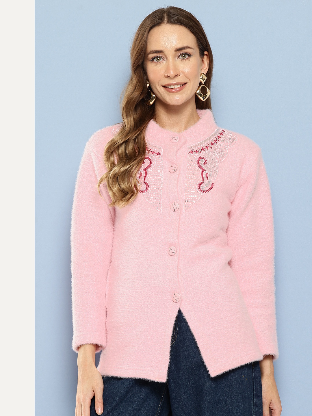 

Aarika Woollen Cardigan with Embroidered Detail, Pink