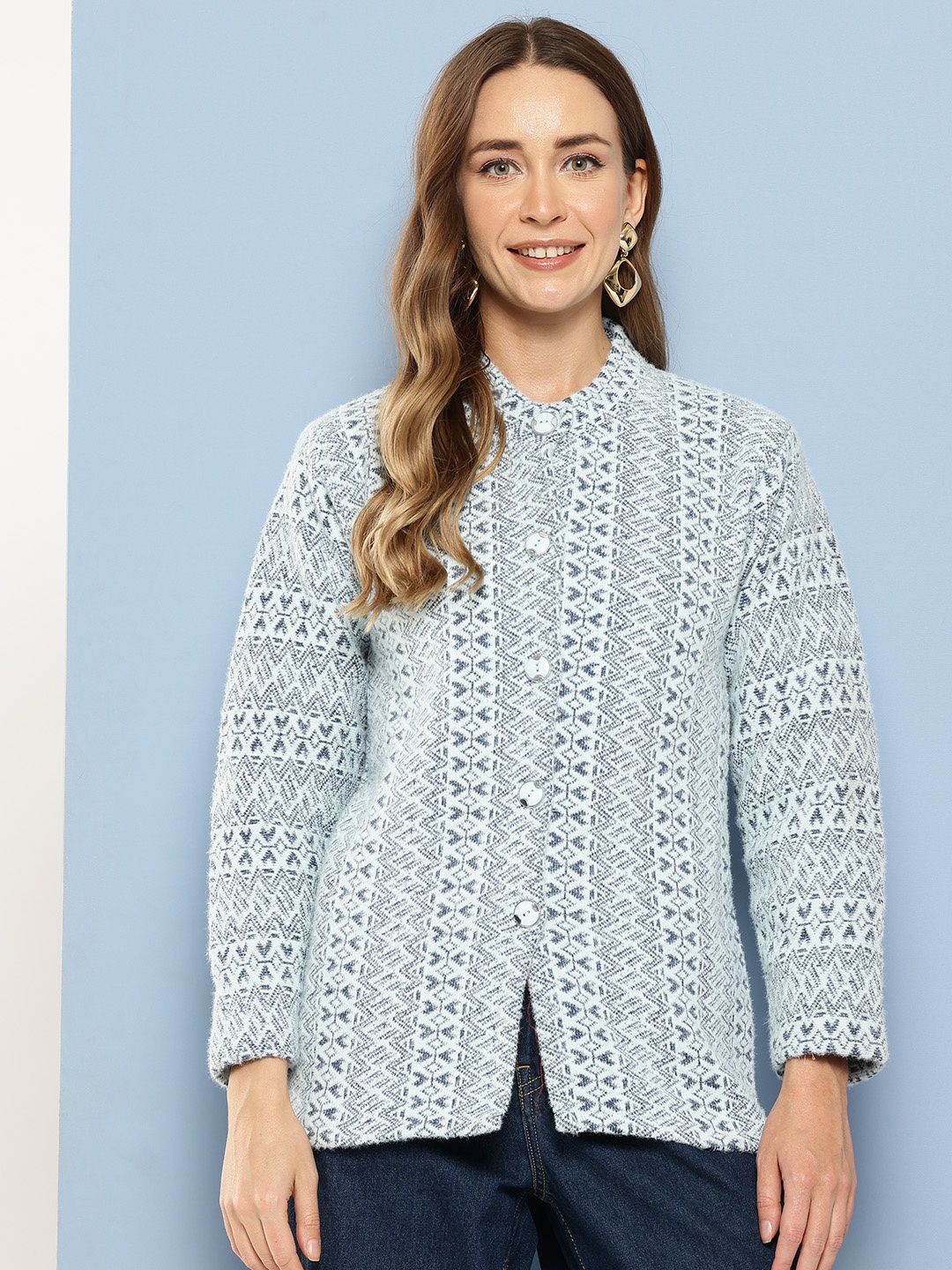 

Aarika Self Design Band Collar Woollen Cardigan, Blue