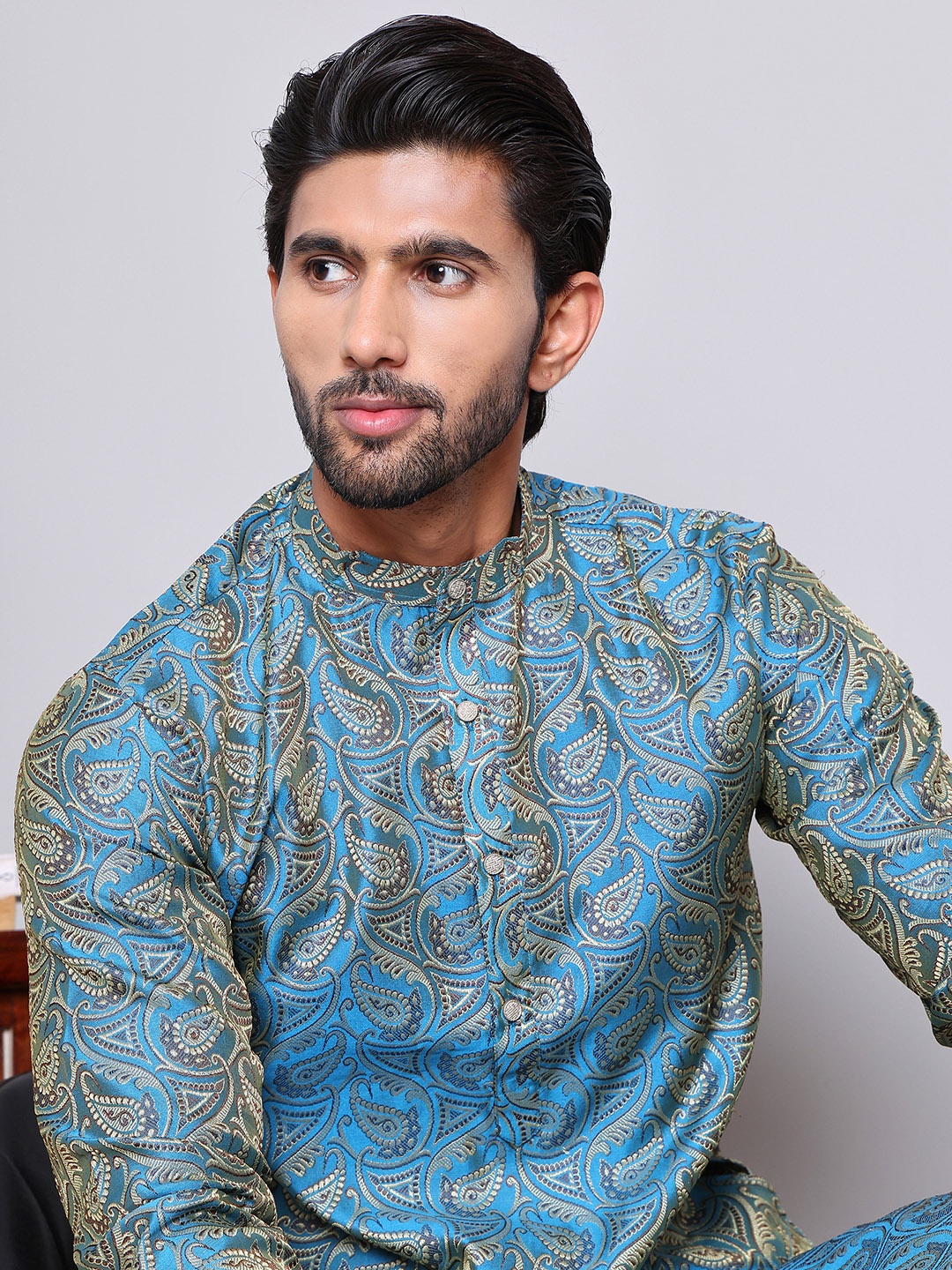 

Jompers Band Collar Paisley Woven Design Jacquard Straight Kurta, Blue