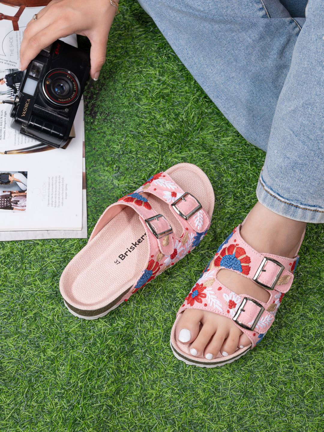 

BRISKERS Women Open Toe Flats with Buckles, Pink
