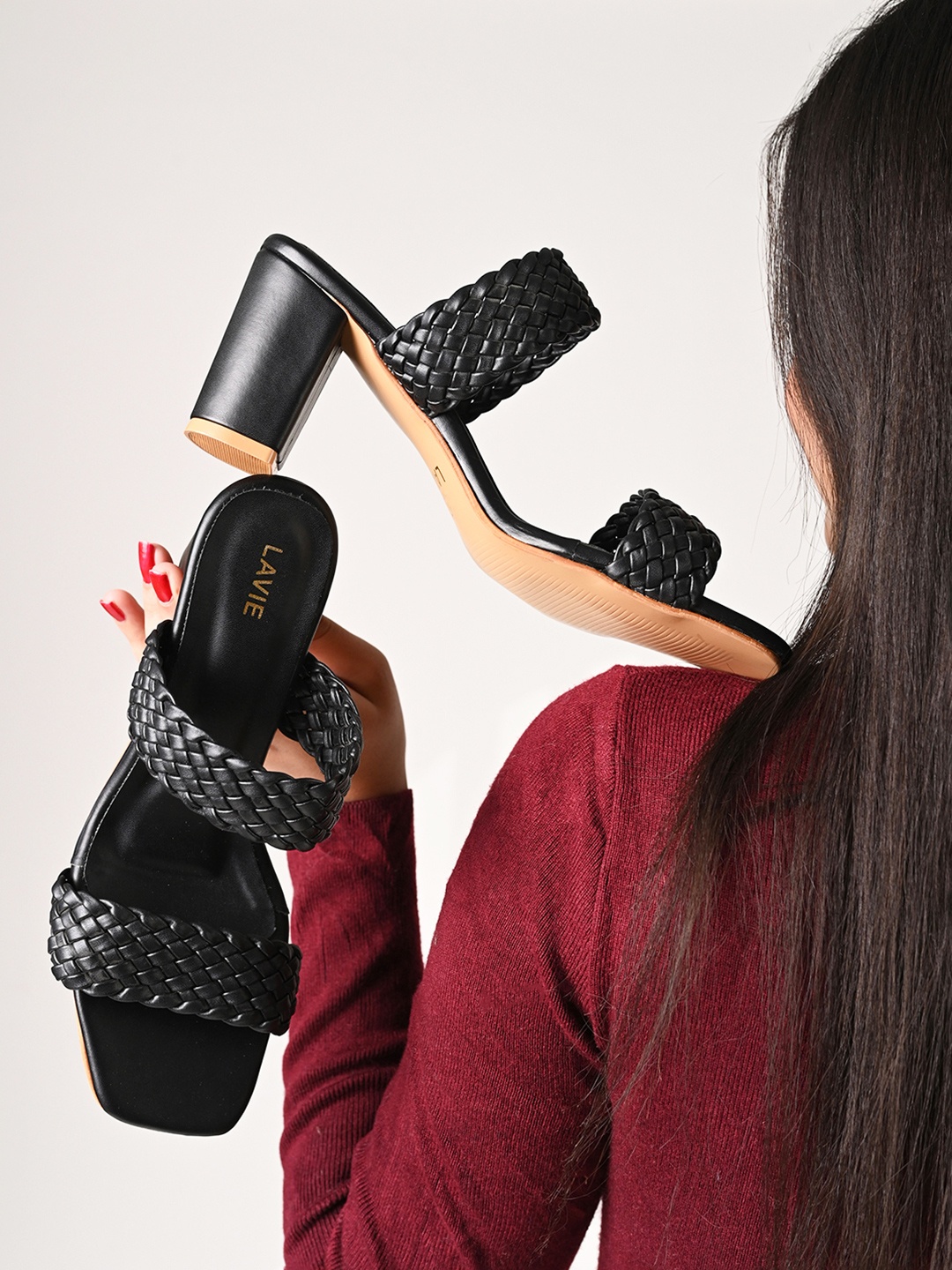 

Lavie Women Woven Design Block Heeled Sandals, Black