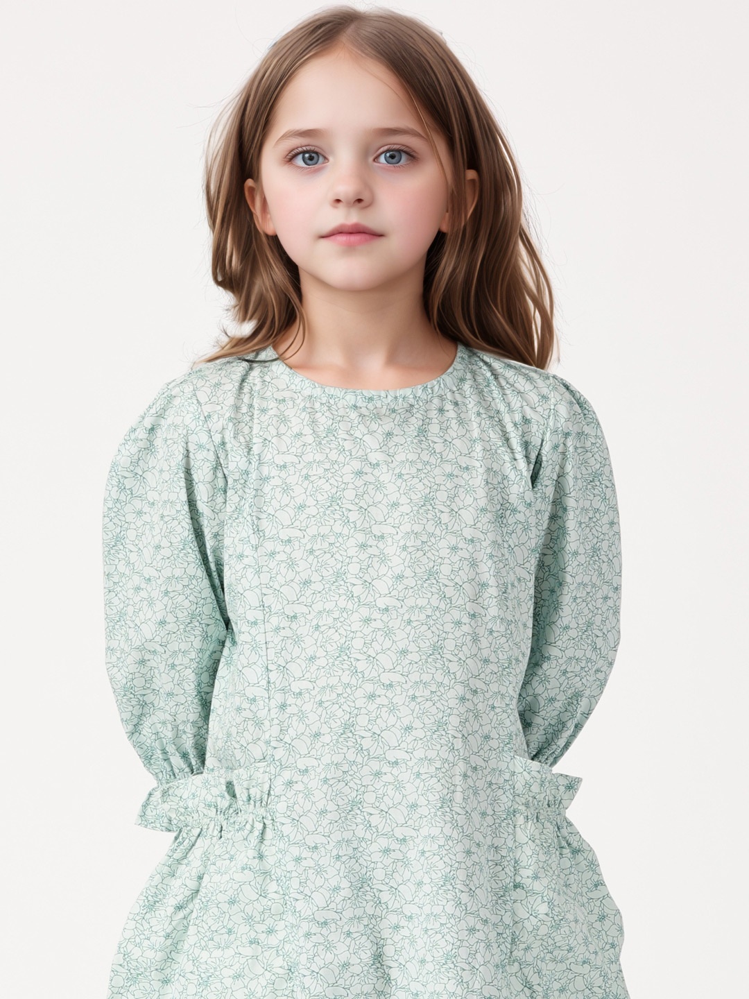 

French Connection Girls Floral Print Bishop Sleeve Ruffled A-Line Dress, Green