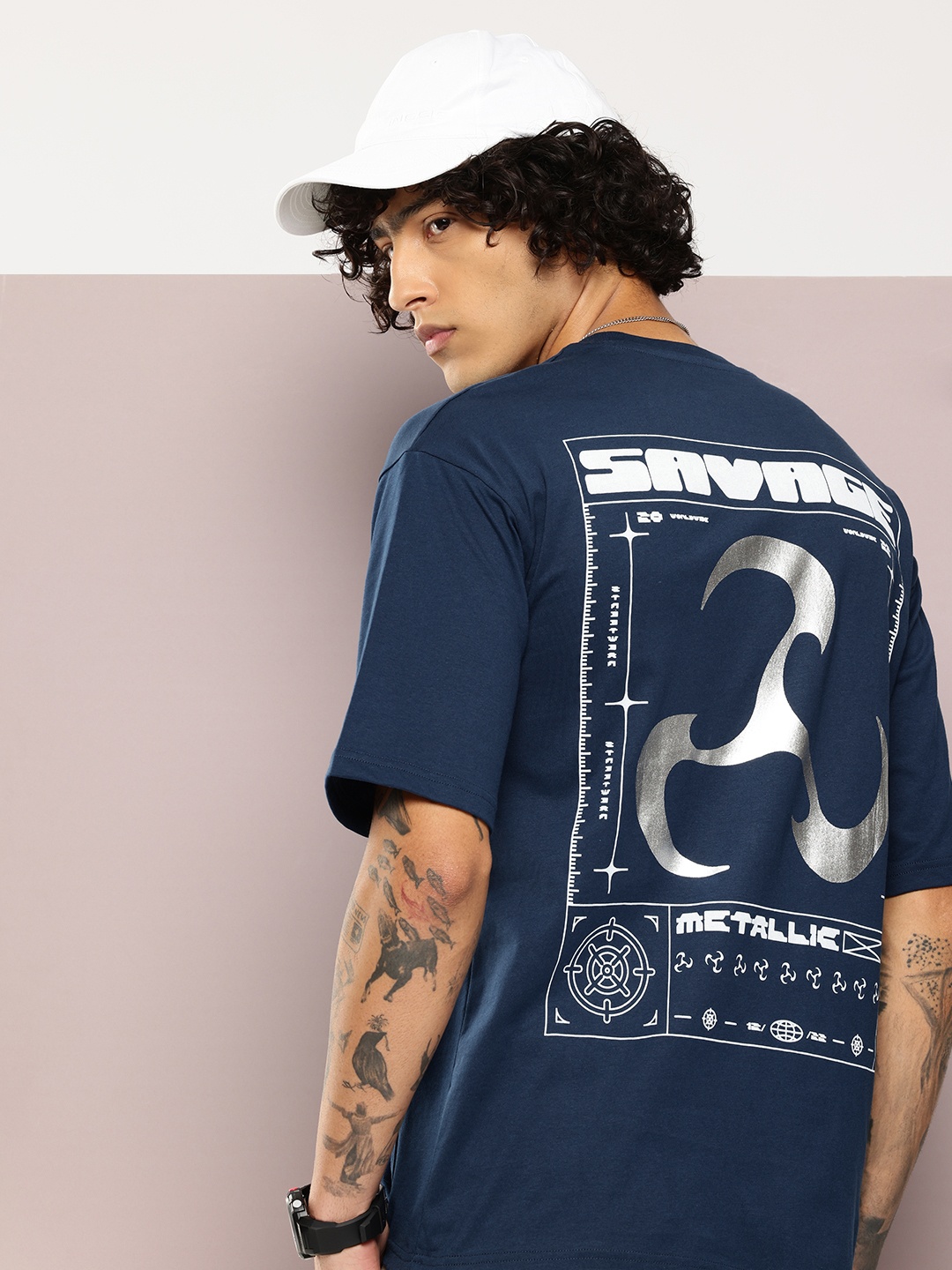 

Kook N Keech Printed Drop-Shoulder Sleeves Oversized Pure Cotton Pockets T-shirt, Navy blue