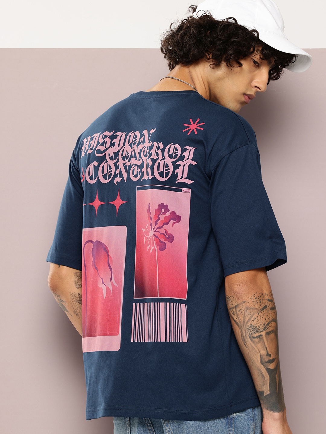 

Kook N Keech Printed Drop-Shoulder Sleeves Oversized Pure Cotton T-shirt, Navy blue