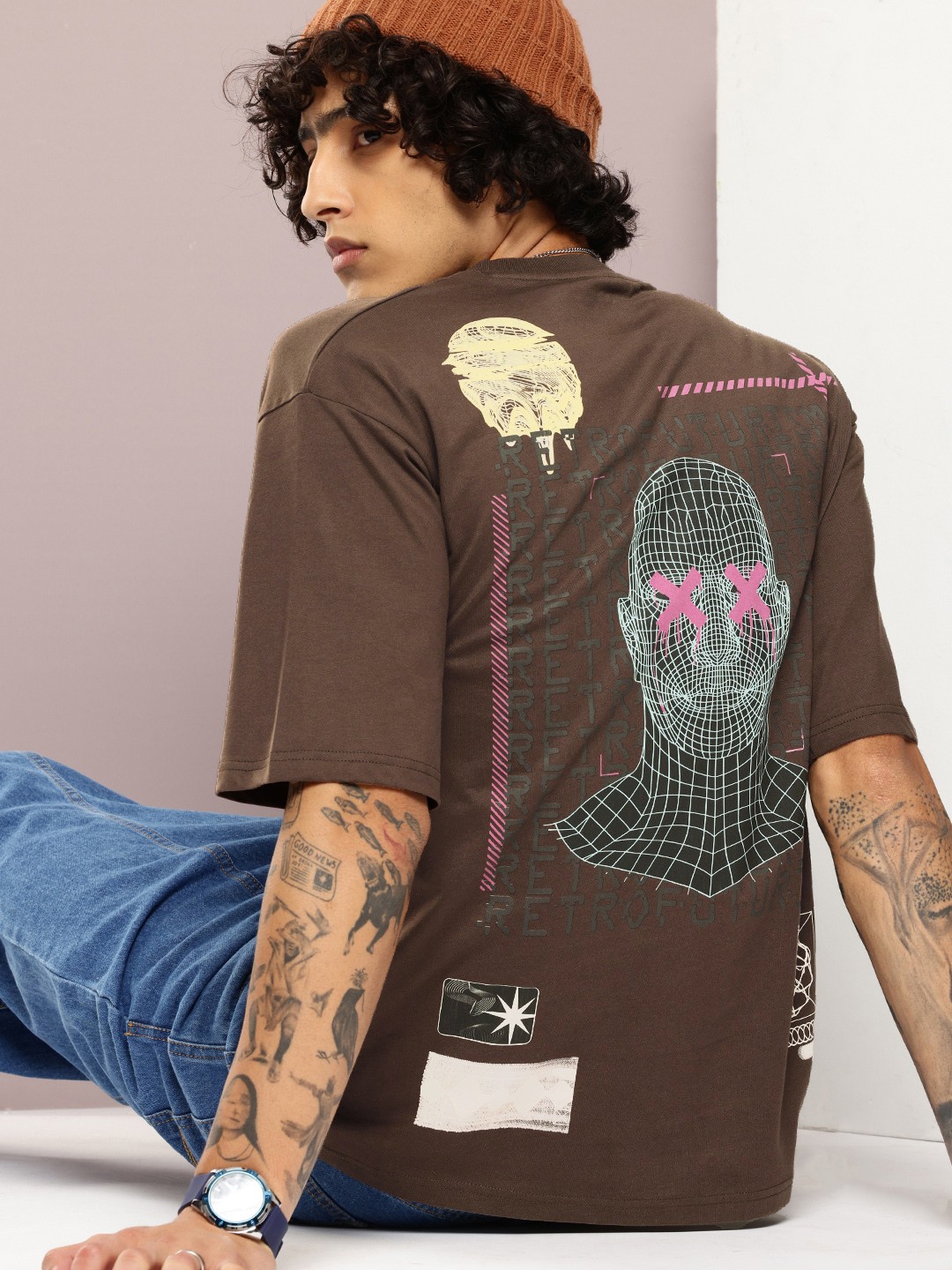 

Kook N Keech Printed Drop-Shoulder Sleeves Oversized T-shirt, Brown
