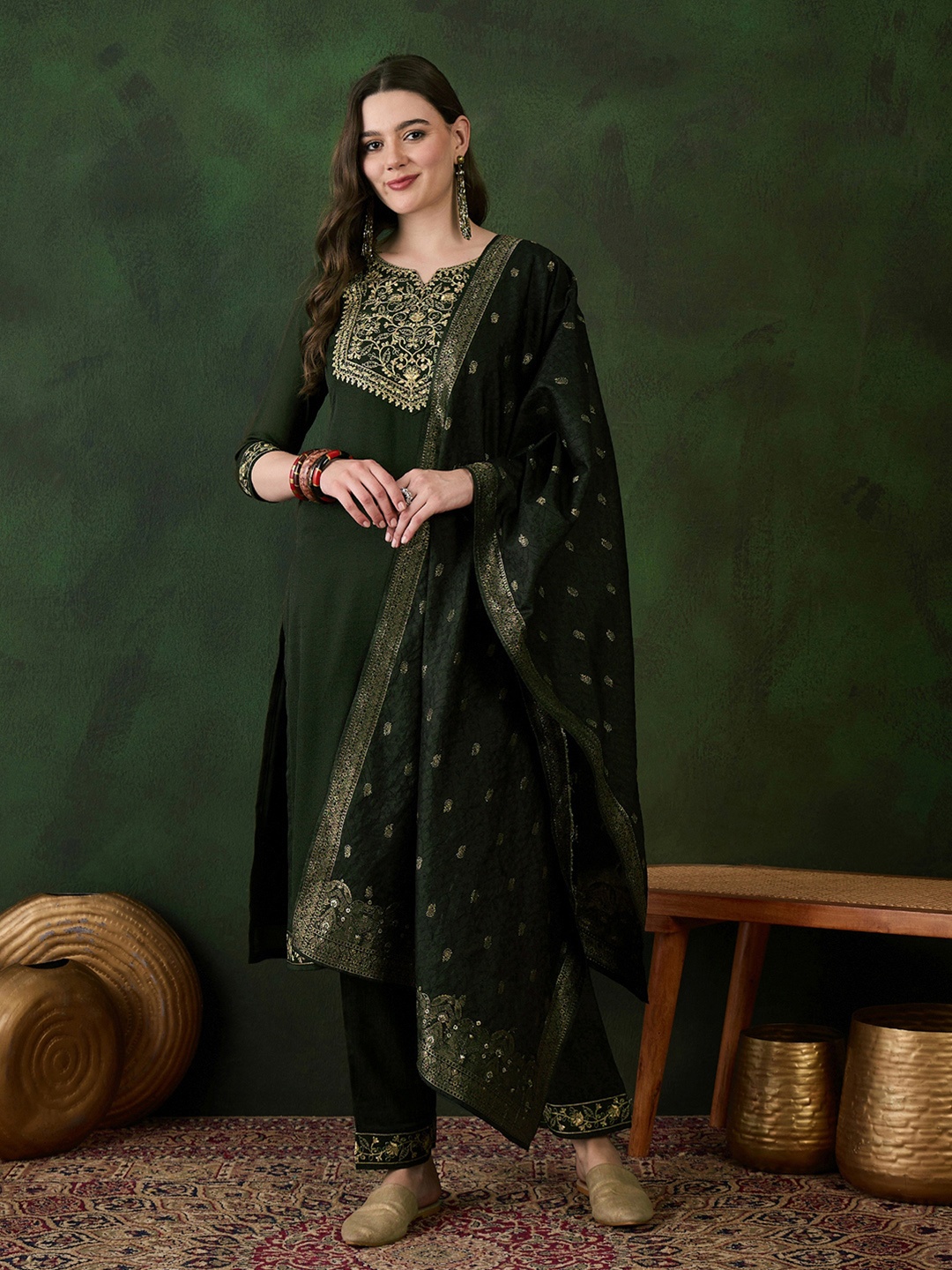 

Sangria Green Floral Embroidered Zari Straight Kurta With Trouser Dupatta