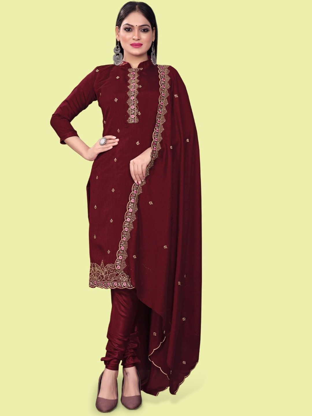 

JULEE Floral Embroidered Sequinned Pure Silk Unstitched Dress Material, Maroon