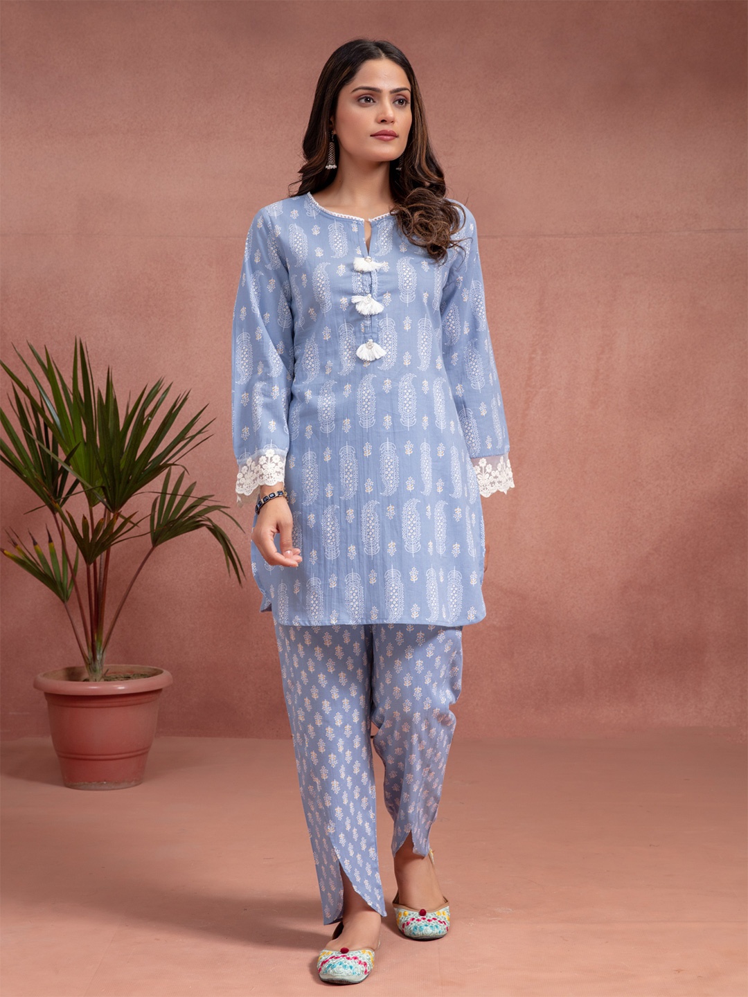 

KASYA Printed Round Neck Long Sleeves Pure Cotton Top With Trouser, Blue