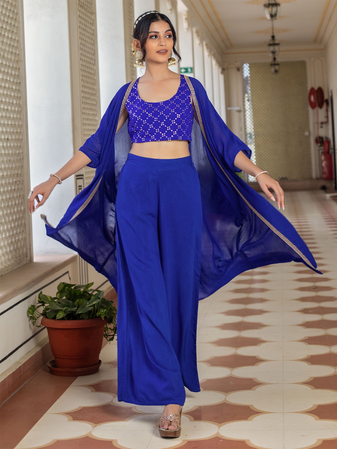 

KASYA Embroidered Round Neck Sleeveless Top & Palazzo With Shrug, Blue