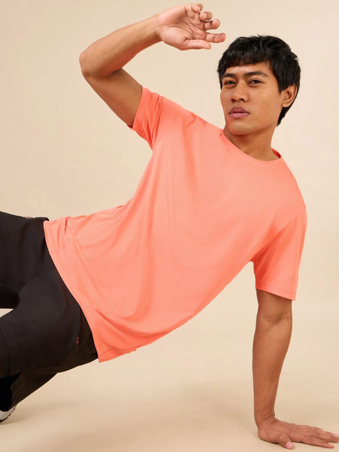 CULT Men Moisture Wicking Solid Round Neck T-shirt, Coral