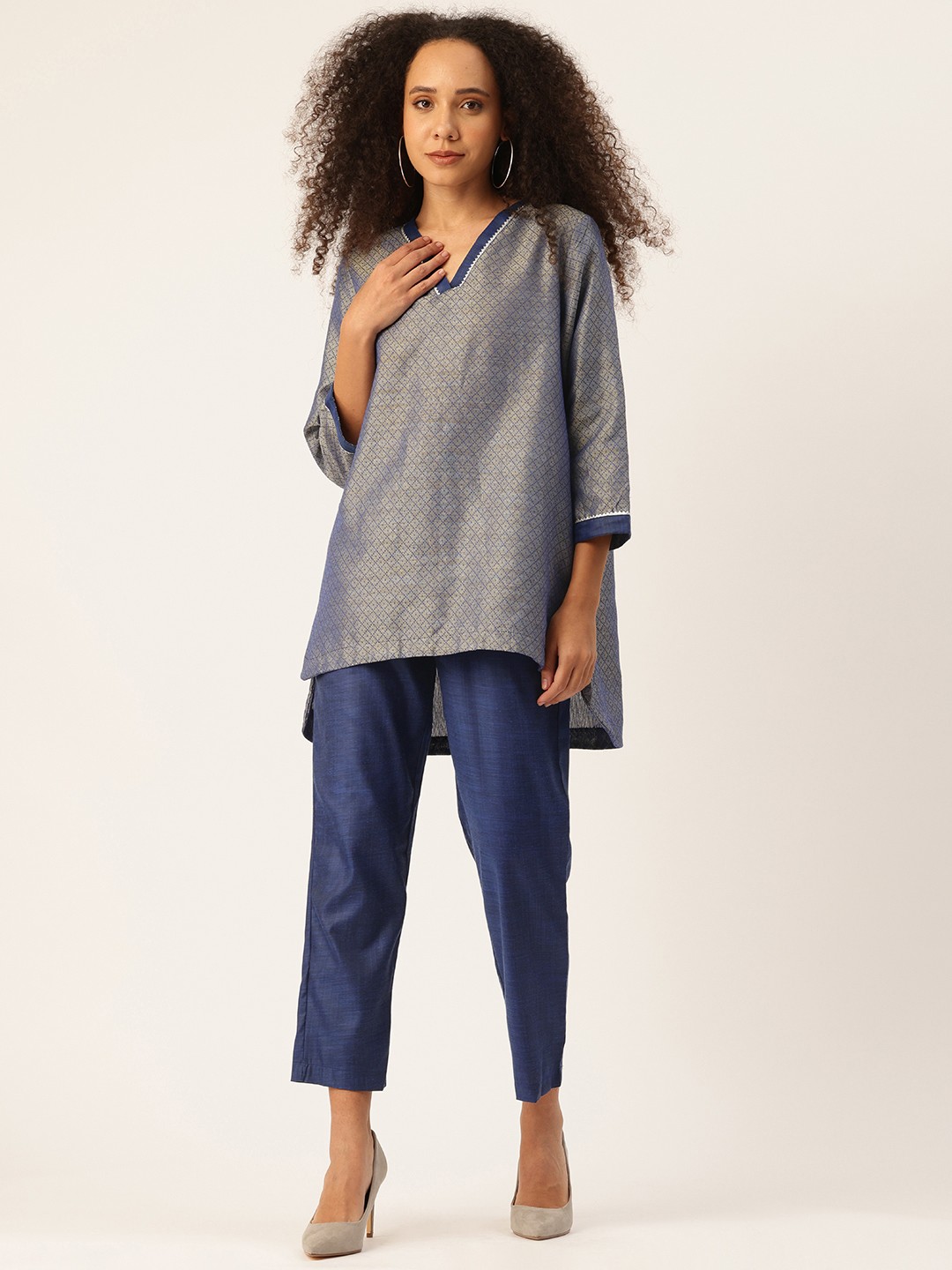 

Off label Woven Design High Low Tunic with Trousers Co-Ord Set, Blue