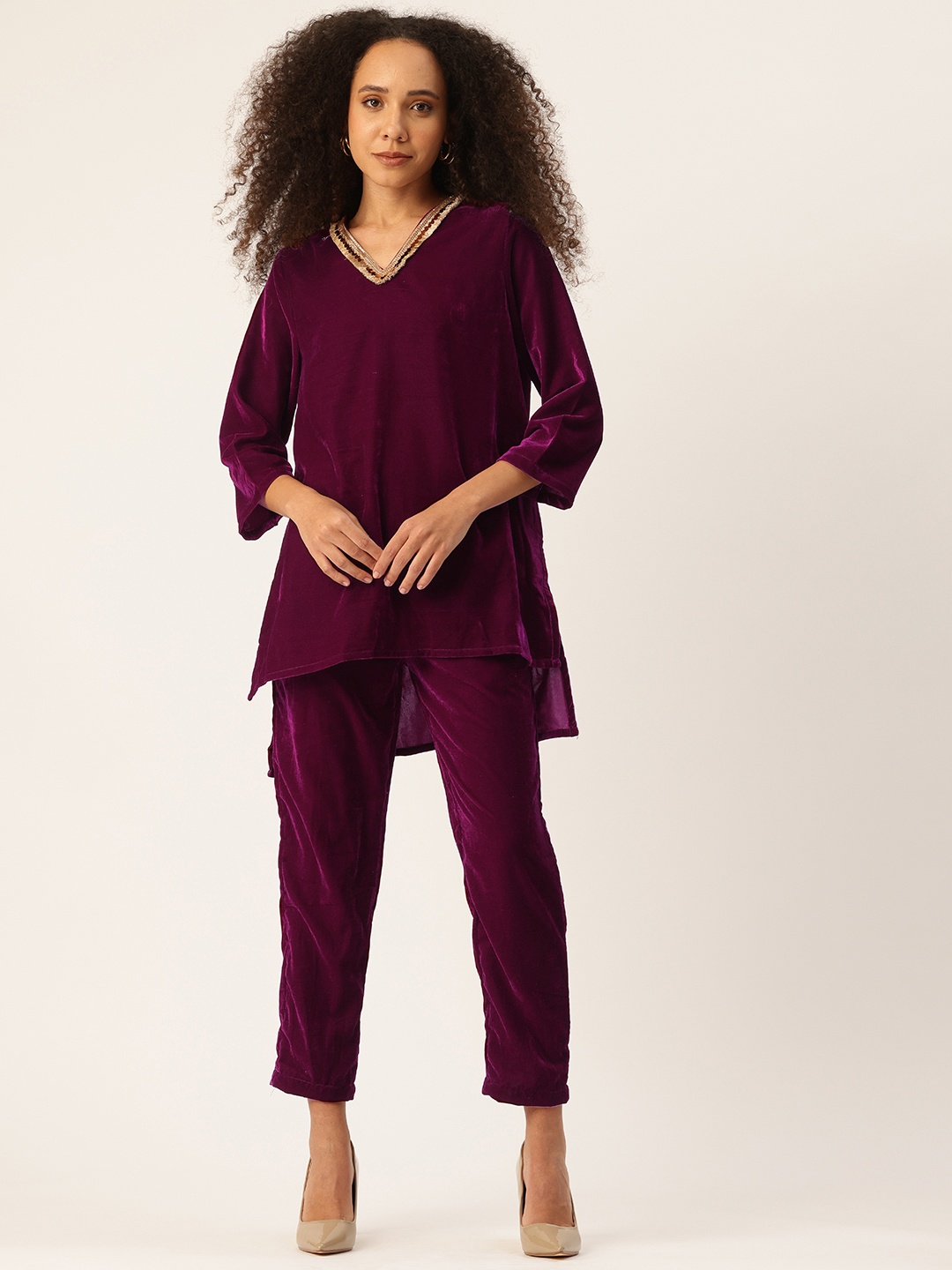 

Off label Velvet Tunic with Trousers Co-Ord Set with Fringed Detail, Burgundy