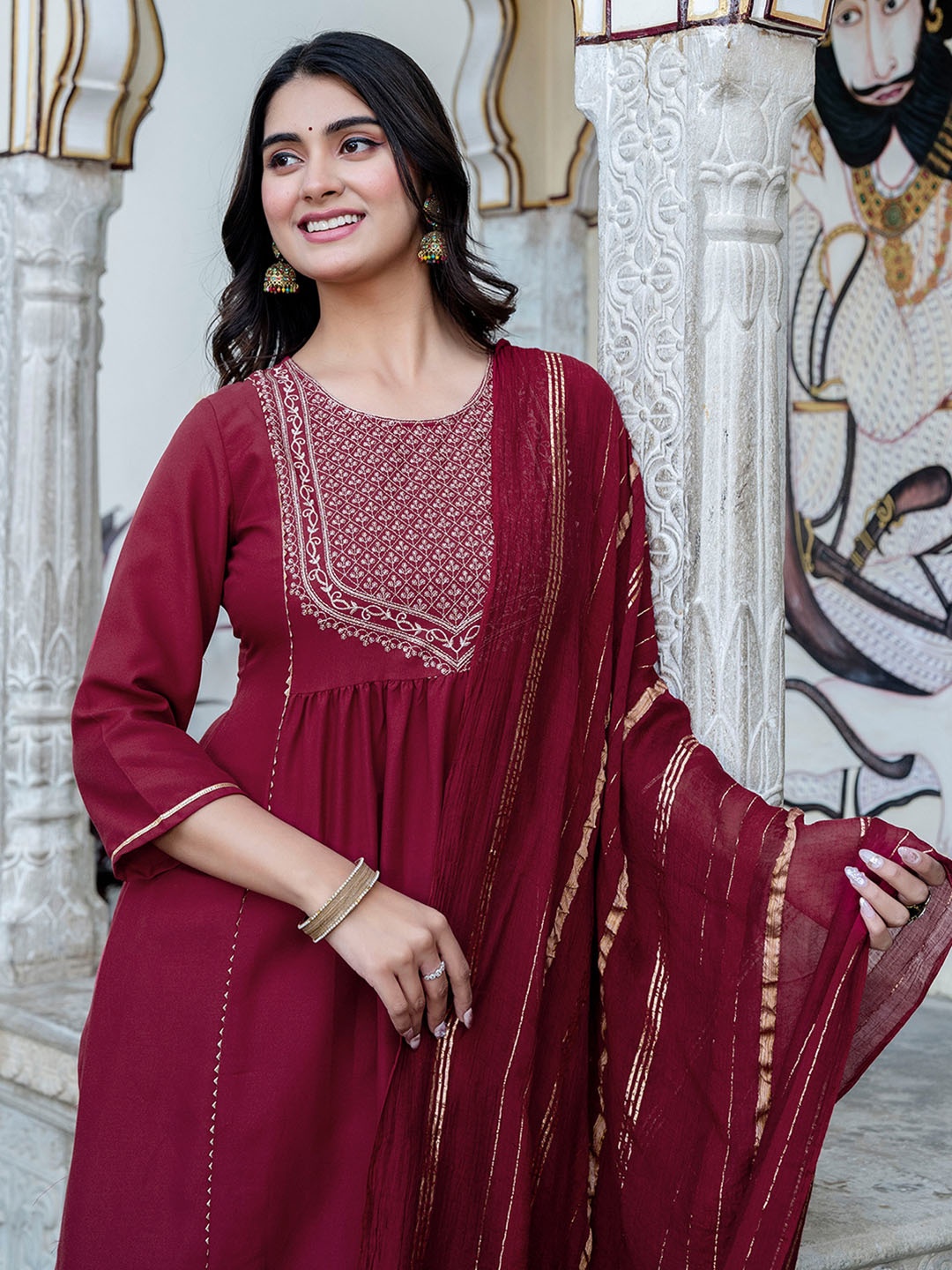 

KALINI Ethnic Motifs Embroidered Pleated Kurta with Trouser & Dupatta, Maroon