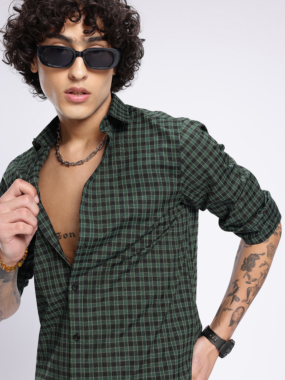 

glitchez Timeless Classic Checked Casual Shirt, Green