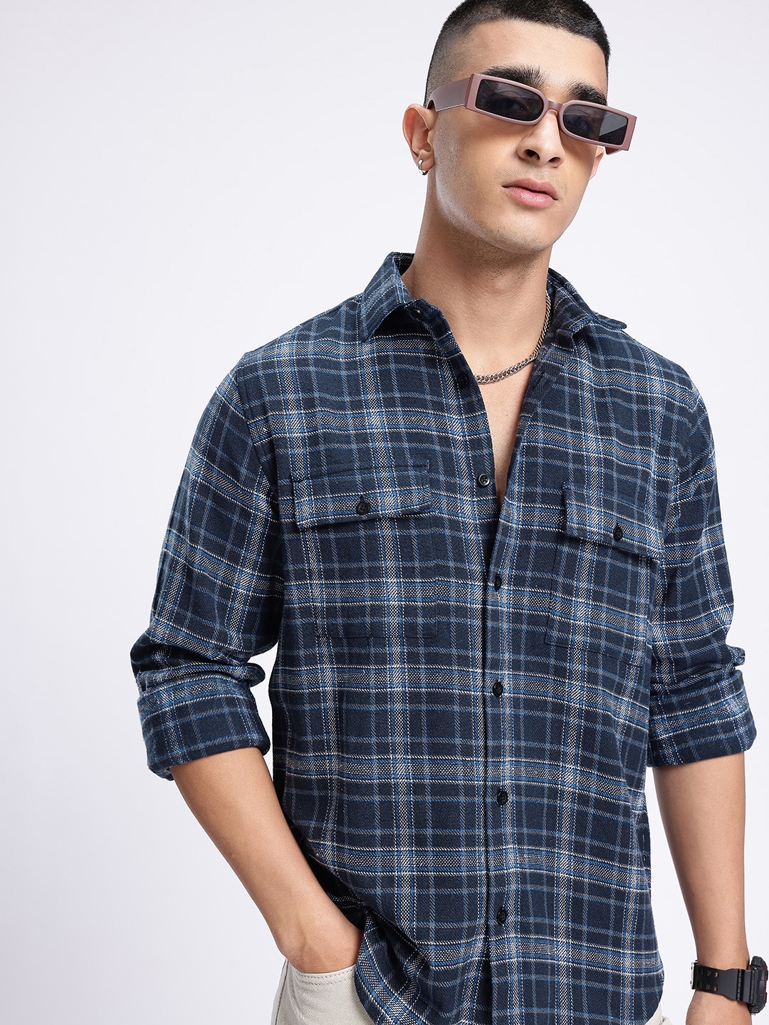 

glitchez Timeless Classic Checked Casual Shirt, Navy blue