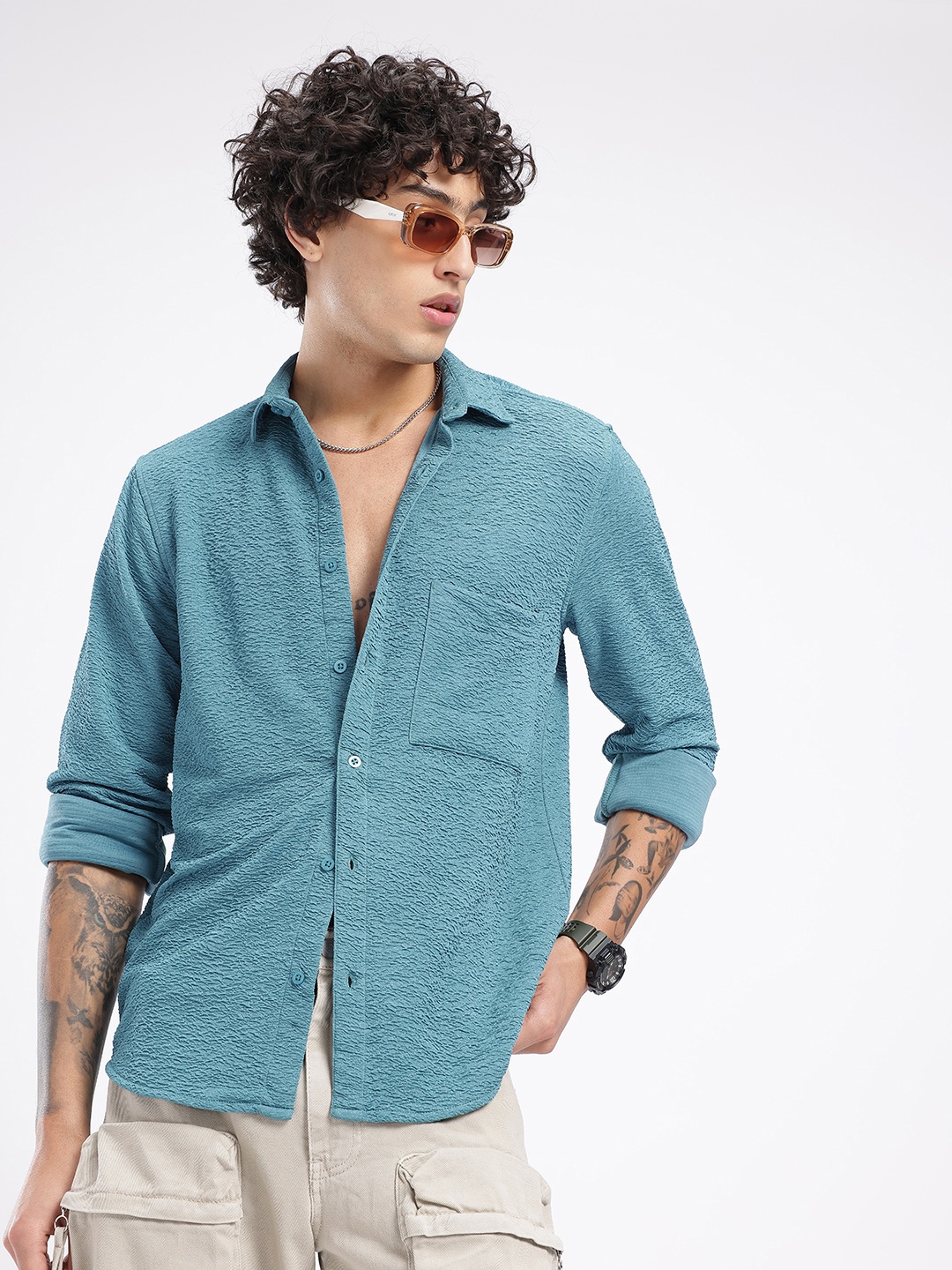 

glitchez Modern Cool Crepe Textured Shirt, Blue