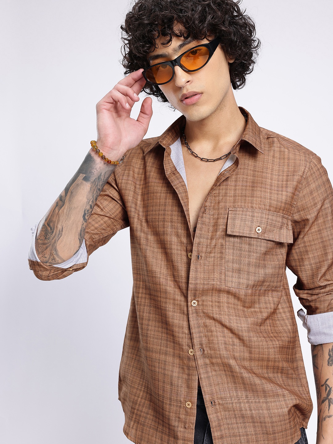 

glitchez Timeless Gem Checked Casual Shirt, Brown