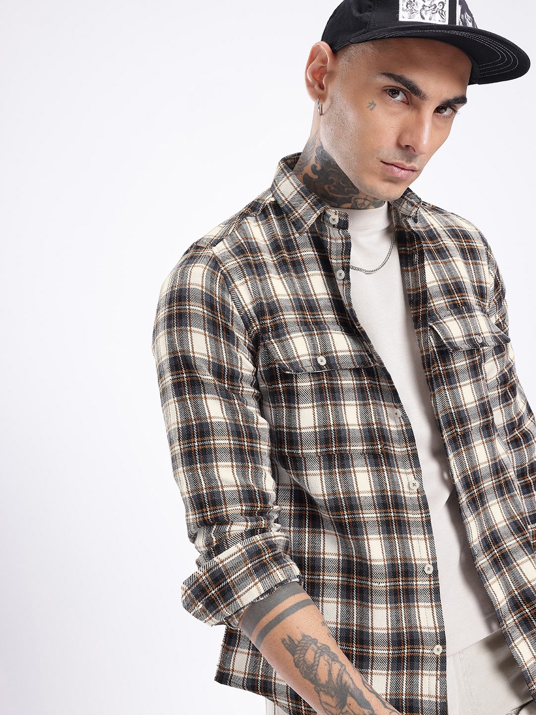 

glitchez Plaid Energy Tartan Checked Shirt, White