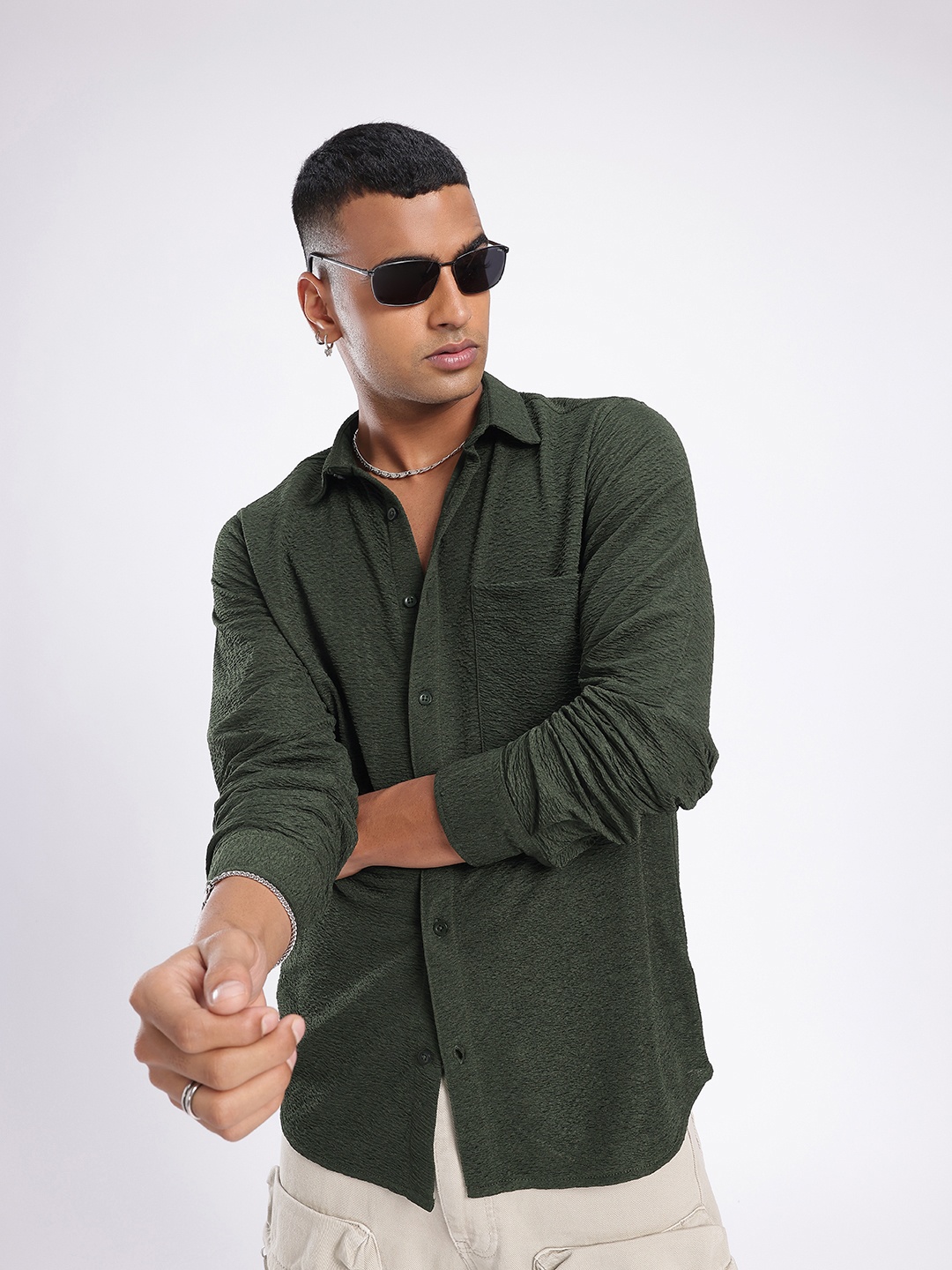 

glitchez Edgy Vibe Regular Fit Crepe Fabric Shirt, Olive