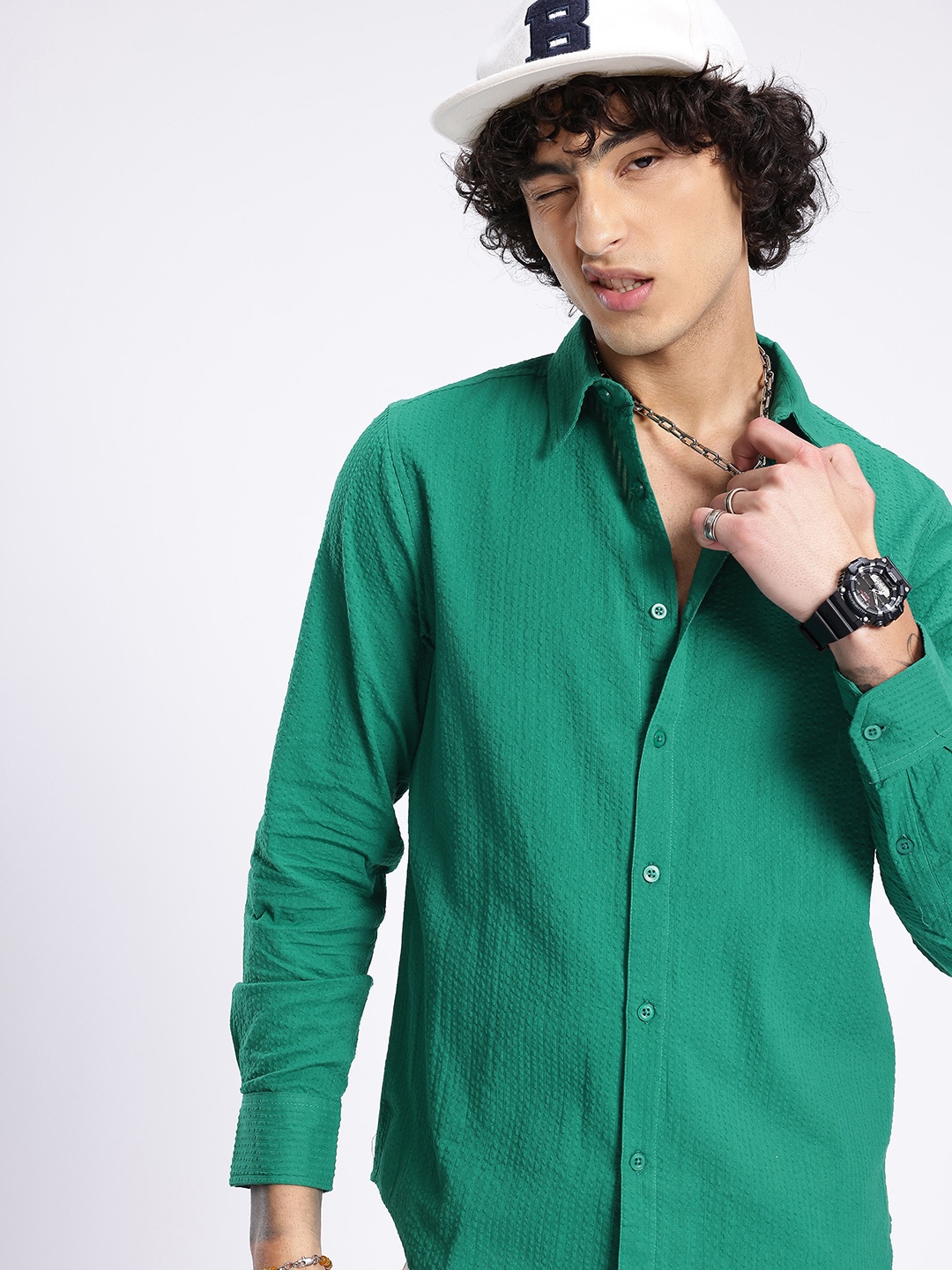 

glitchez Timeless Edgy Seersucker Casual Shirt, Green