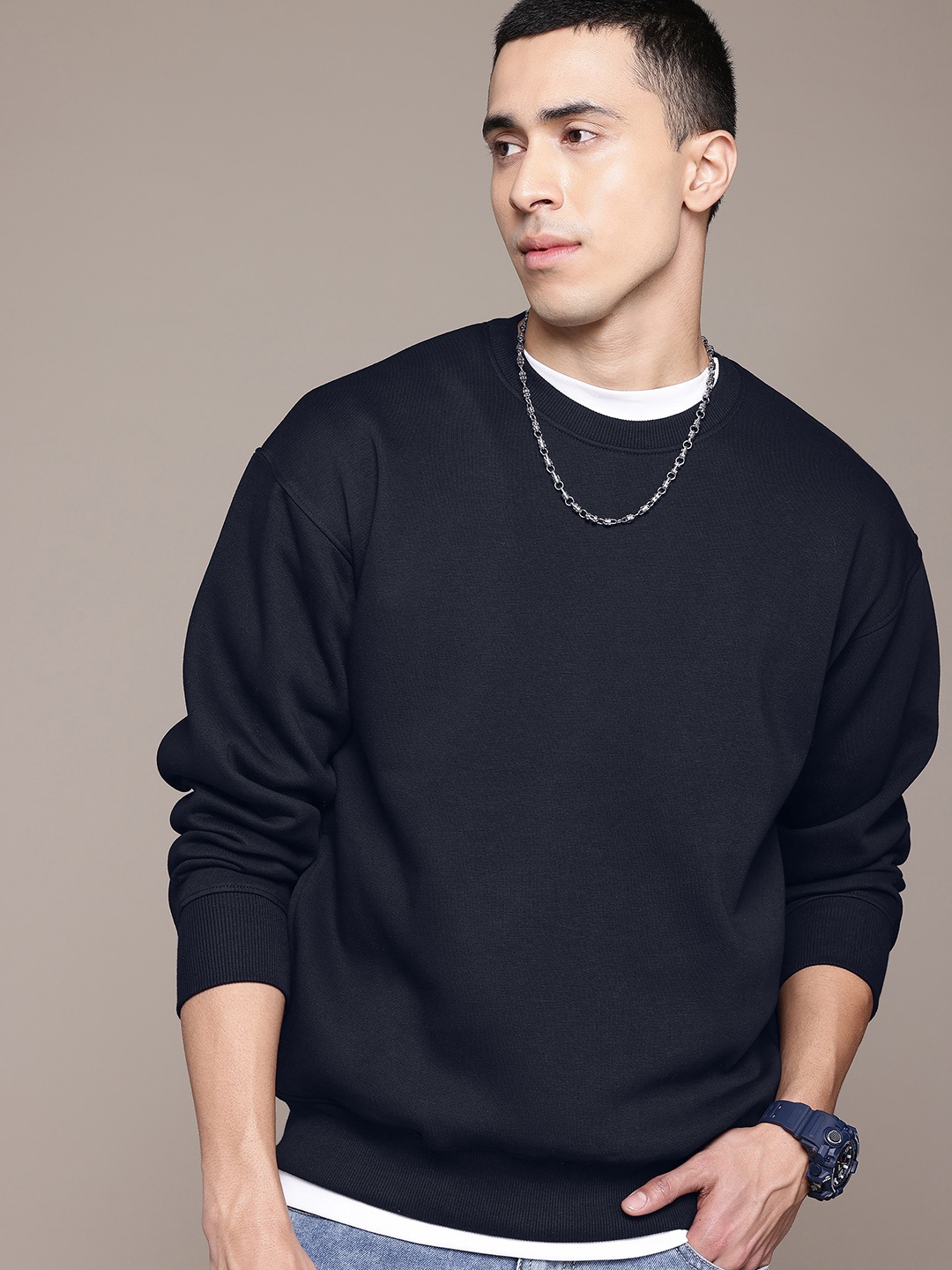 

The Roadster Lifestyle Co. Solid Drop Shoulder Sleeves Sweatshirt, Navy blue