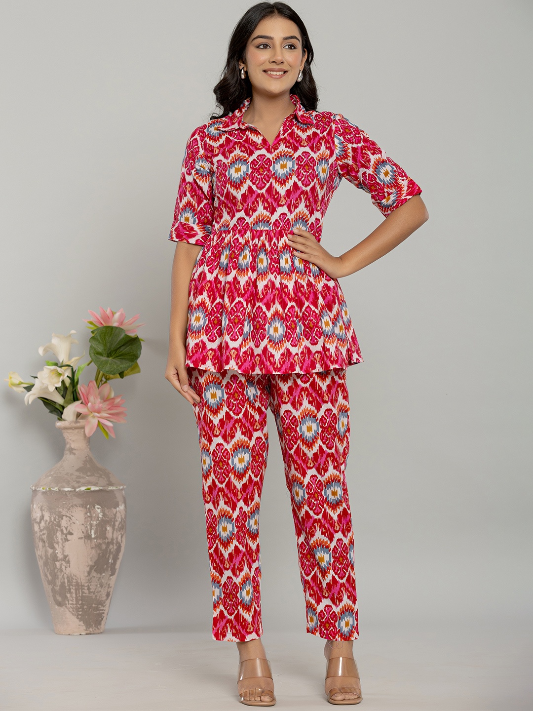 

Serenita Floral Printed Shirt Collar Pure Cotton Peplum Top With Trousers, Pink