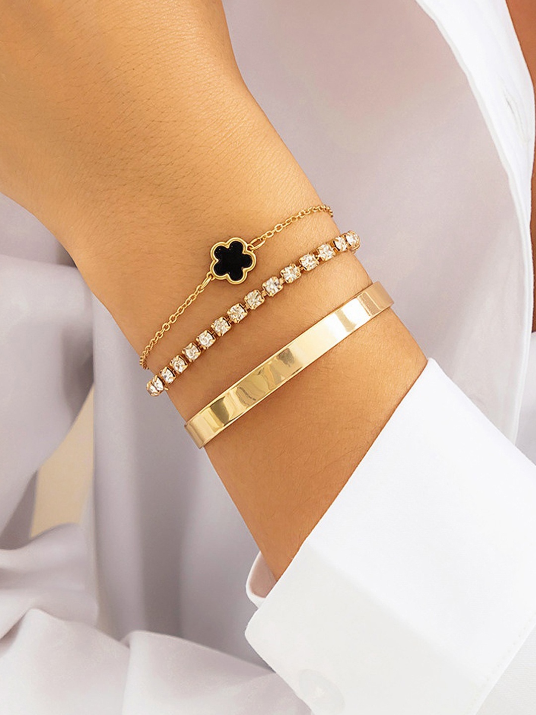

Jewels Galaxy Set Of 3 Gold-Plated Crystals Studded Wraparound Bracelet