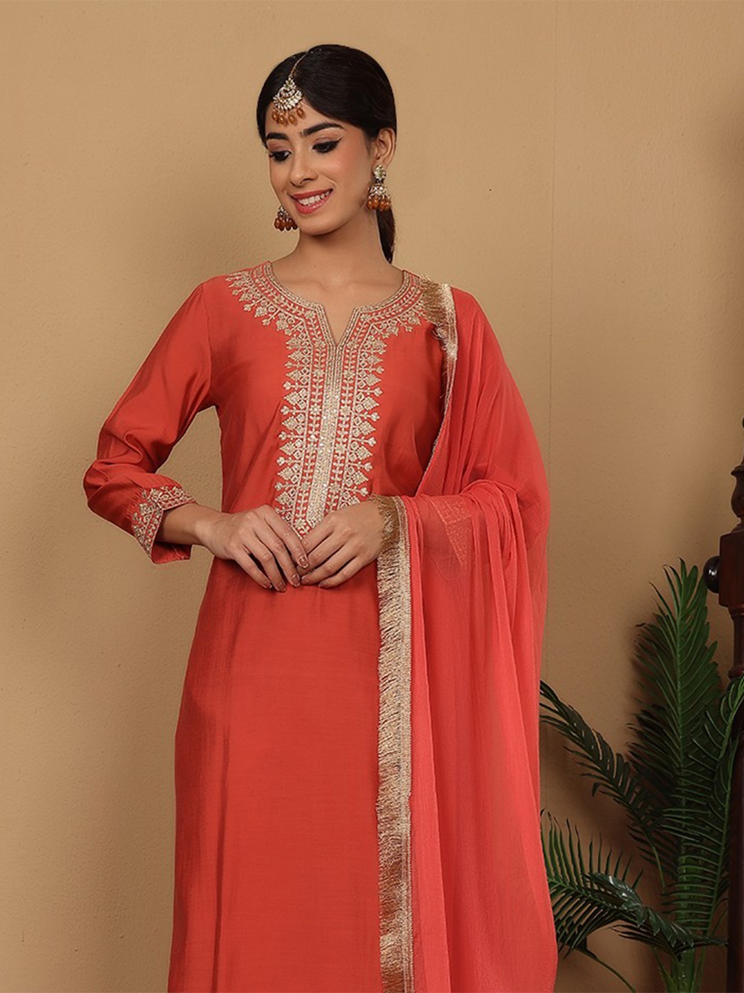

Varanga Rust Floral Embroidered Regular Sequinned Straight Kurta With Trouser With Dupatta