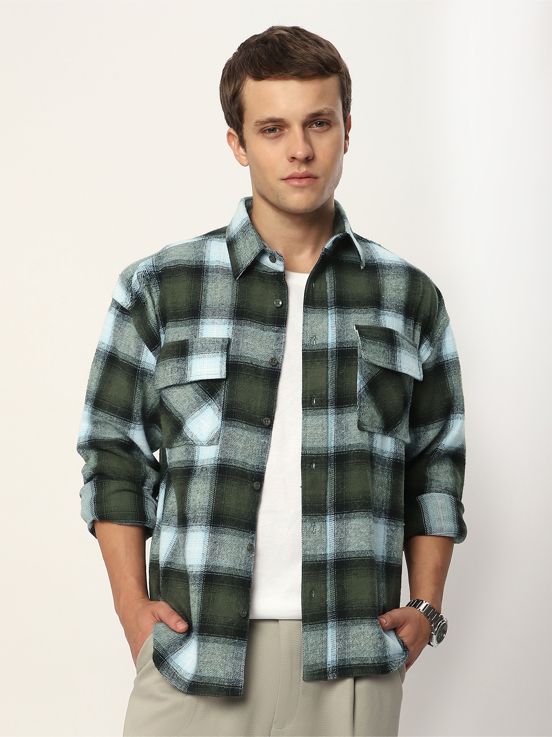 

Beyoung Recycled Plaid Flannel Shirt, Green