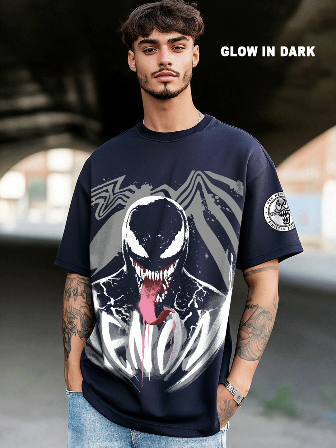 

Bewakoof Men Graphic Printed Round Neck Cotton Oversized Venom T-shirt, Blue