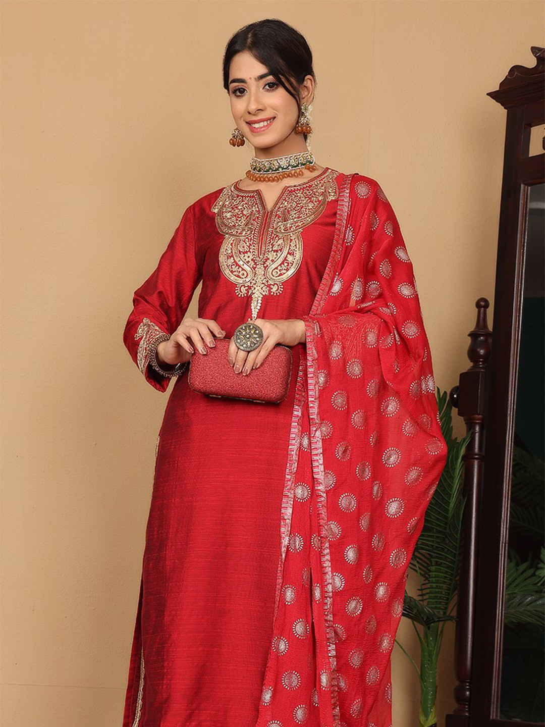 

Varanga Maroon Paisley Embroidered Regular Sequinned Kurta With Trouser With Dupatta