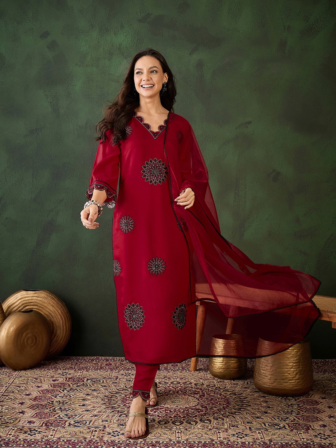 

Sangria Red Floral Embroidered V-Neck Mirror Work Kurta With Trouser With Dupatta