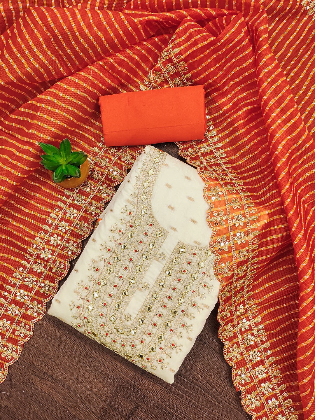 

LADY SHOPI Ethnic Motifs Embroidered Sequinned Chanderi Silk Unstitched Dress Material, Orange