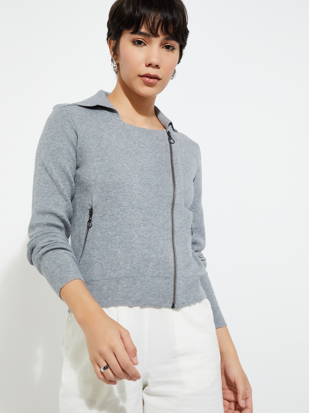 

MAX URB_N Women Knit Zip-Up Jacket, Grey