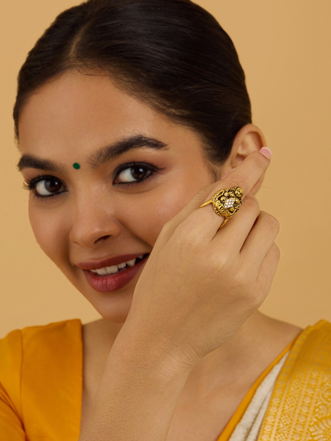 

Kushal's Fashion Jewellery Gold-Plated CZ Studded Temple Finger Ring