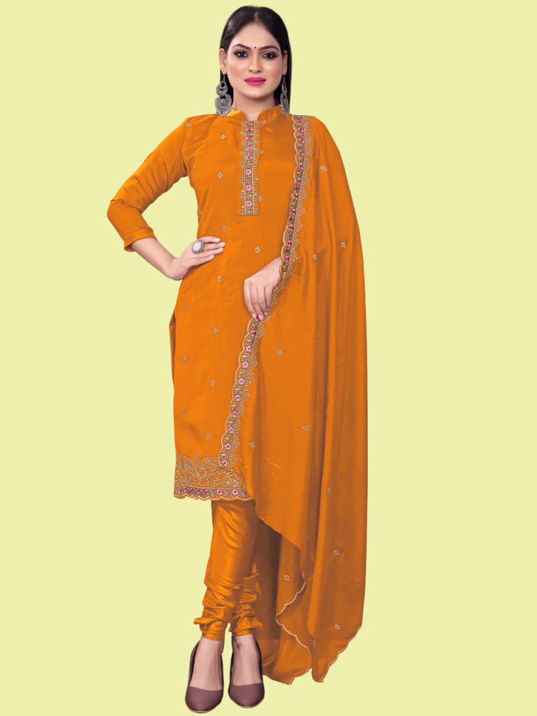 LADY SHOPI Ethnic Motifs Embroidered Sequinned Pure Silk Unstitched Dress Material, Orange