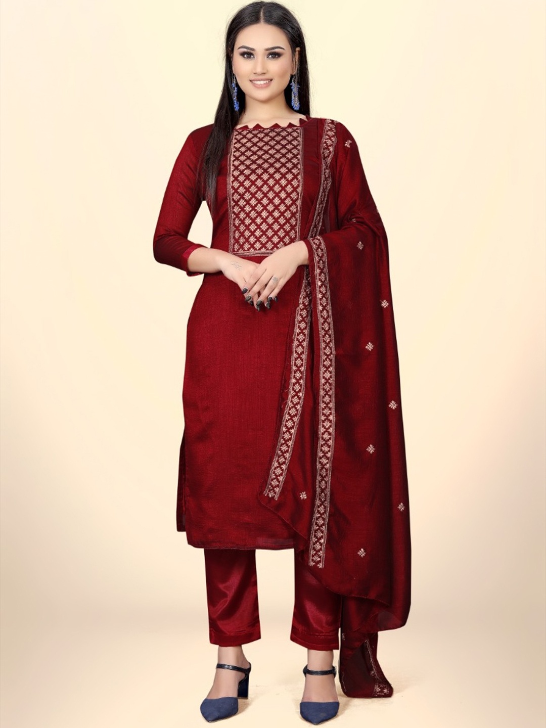 

LADY SHOPI Ethnic Motifs Embroidered Zari Pure Silk Unstitched Dress Material, Maroon