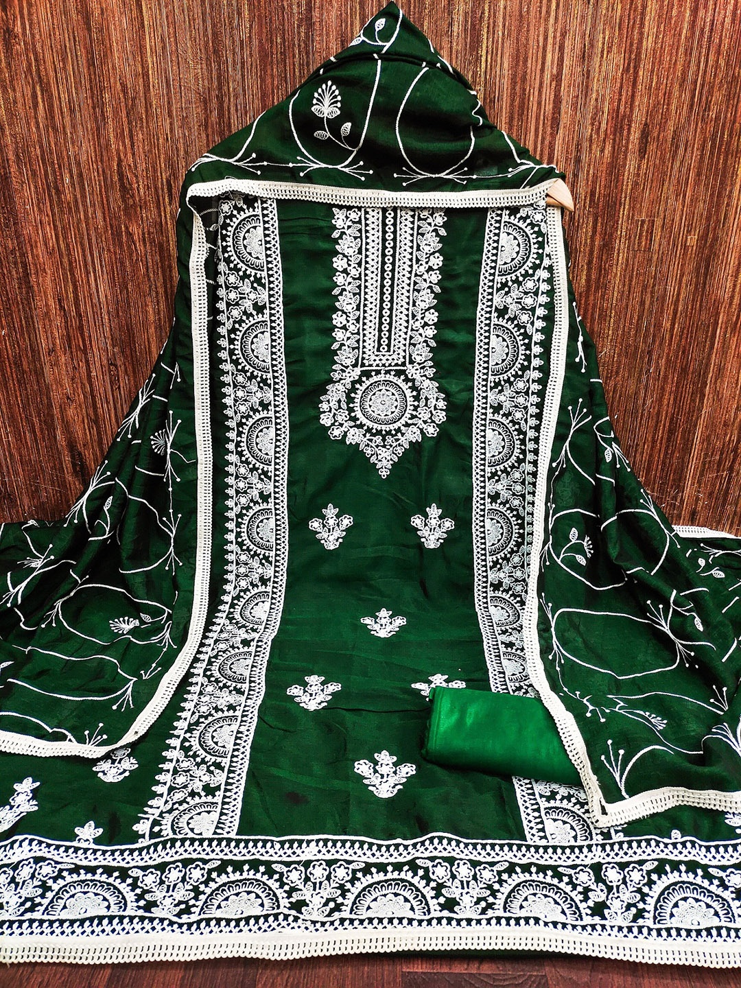 LADY SHOPI Floral Embroidered Pure Silk Unstitched Dress Material, Green