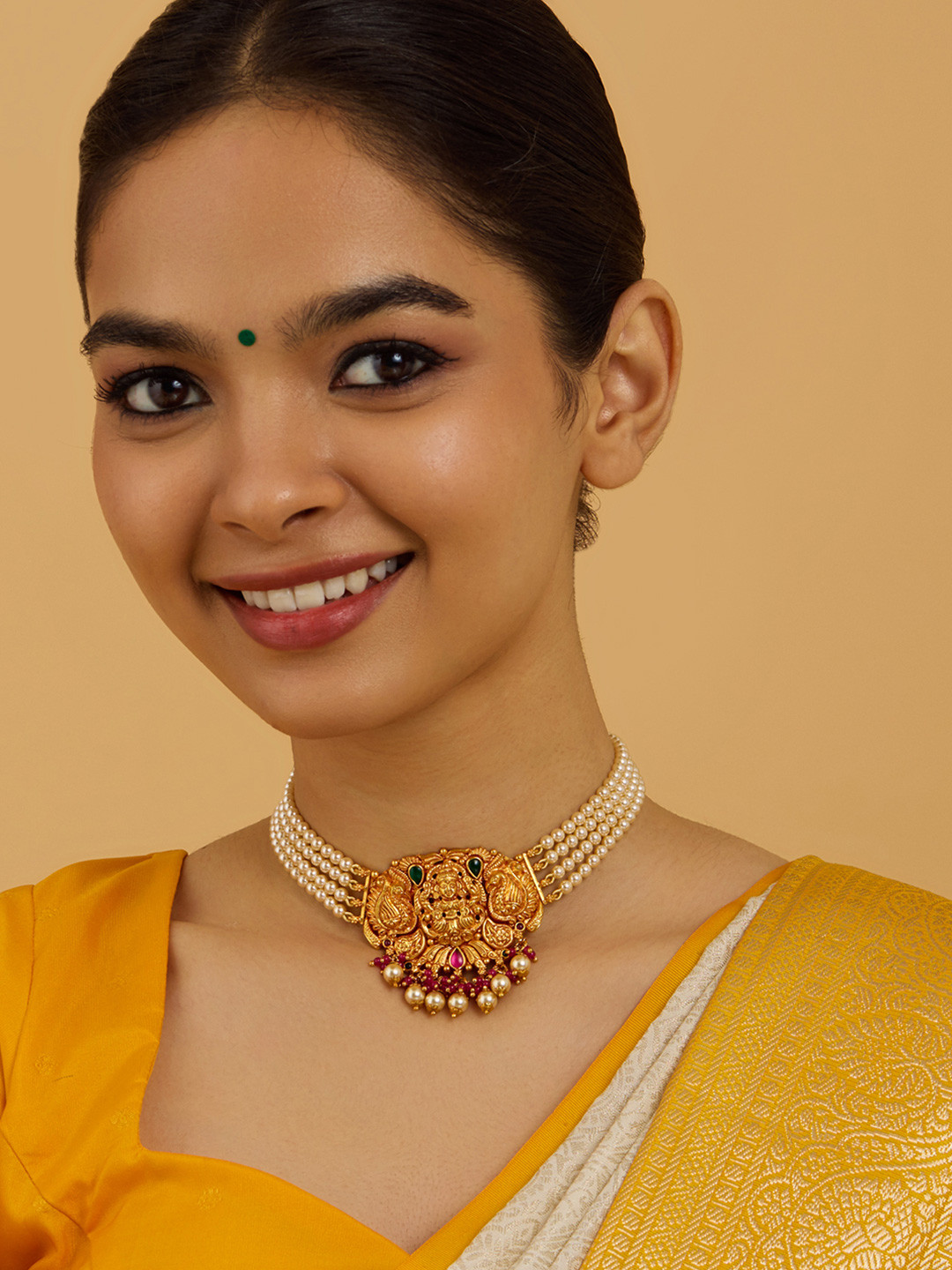 

Kushal's Fashion Jewellery 92.5 Silver Gold-Plated Stone Studded & Beaded Temple Necklace