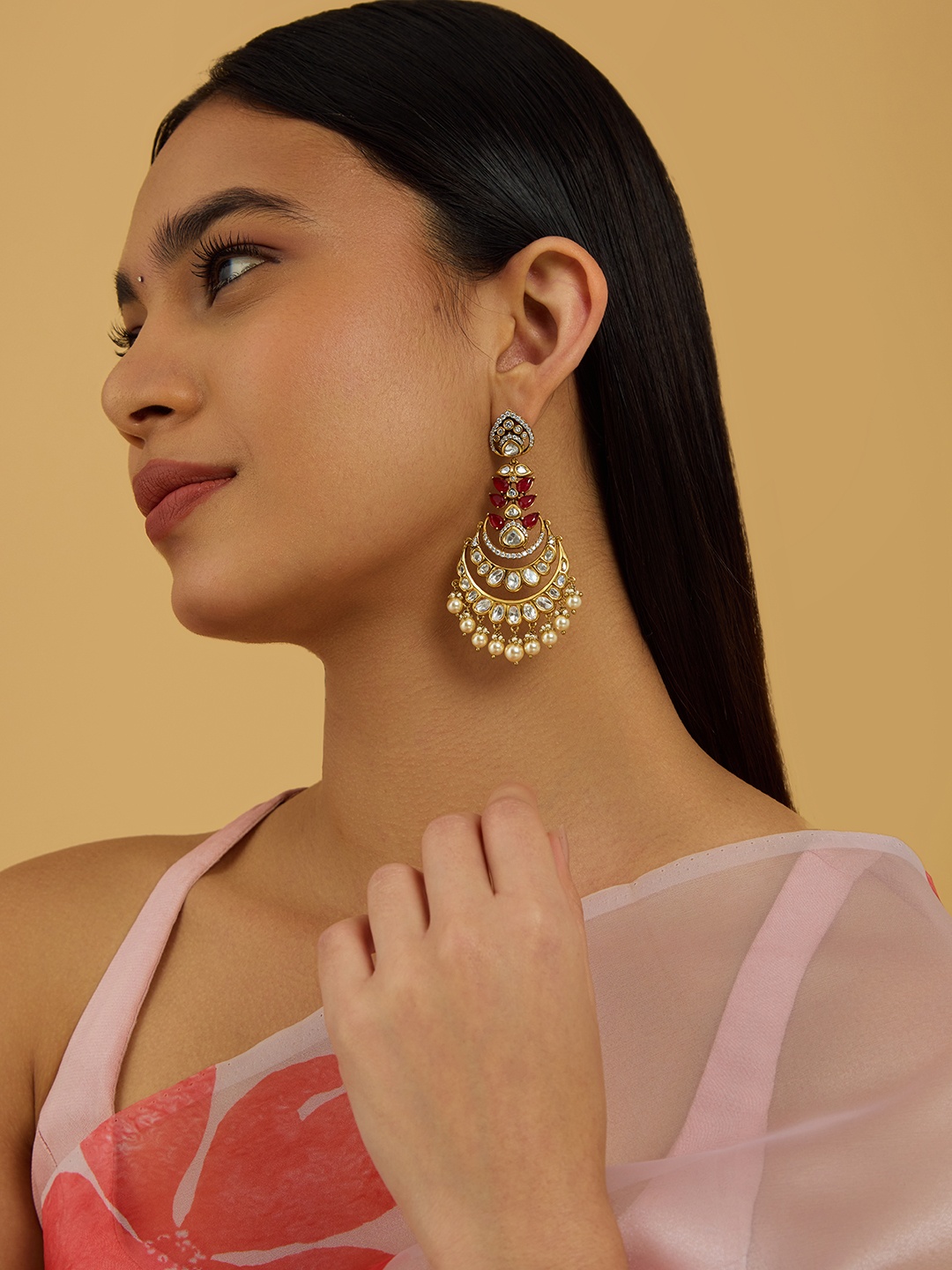 

Kushal's Fashion Jewellery Kundan Studded Contemporary Drop Earrings, Gold