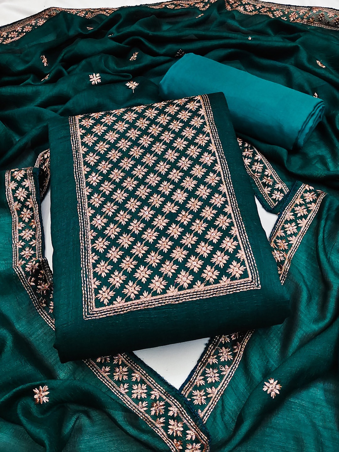 

LADY SHOPI Ethnic Motifs Embroidered Zari Pure Silk Unstitched Dress Material, Teal