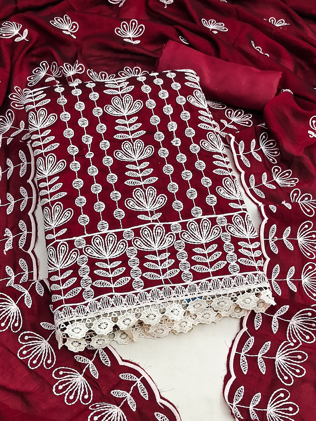 

LADY SHOPI Ethnic Motifs Embroidered Pure Silk Unstitched Dress Material, Maroon