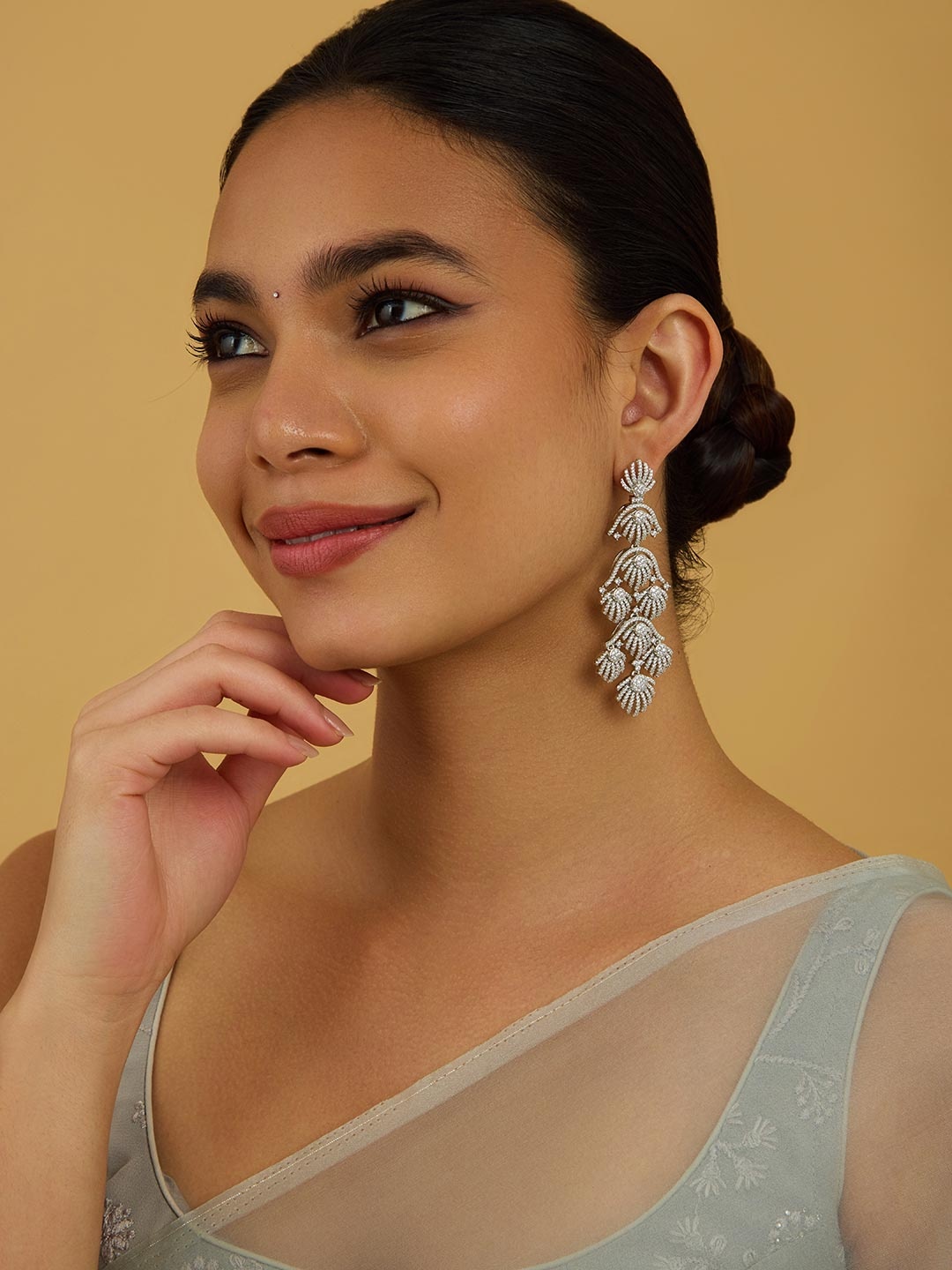 

Kushal's Fashion Jewellery Rhodium-Plated Zircon Studdded Geometric Drop Earrings, White