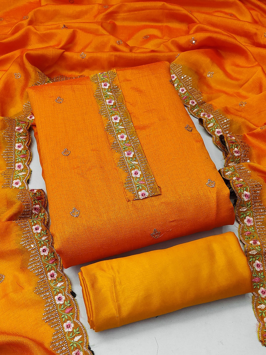 

LADY SHOPI Floral Embroidered Sequinned Pure Silk Unstitched Dress Material, Orange