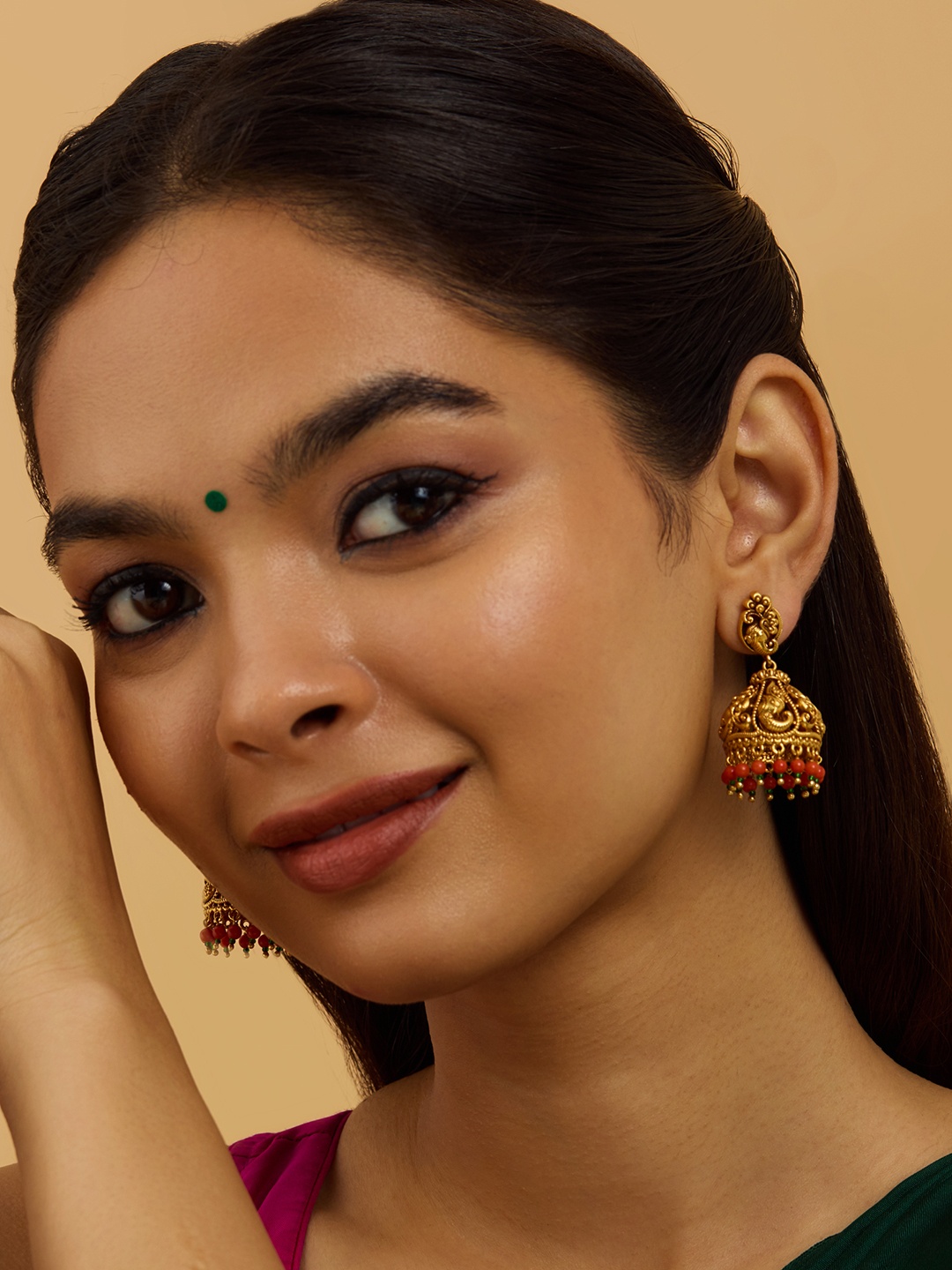 

Kushal's Fashion Jewellery Gold-Plated Dome Shaped Beaded Jhumkas Earrings, Multi