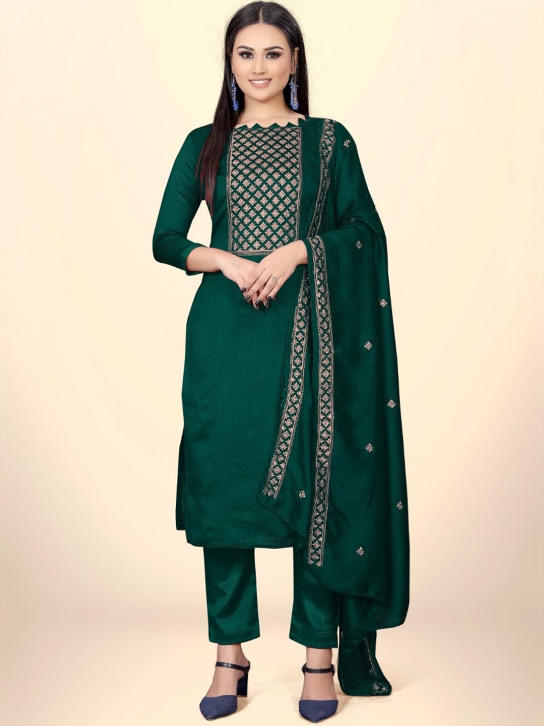 LADY SHOPI Floral Embroidered Pure Silk Unstitched Dress Material, Teal