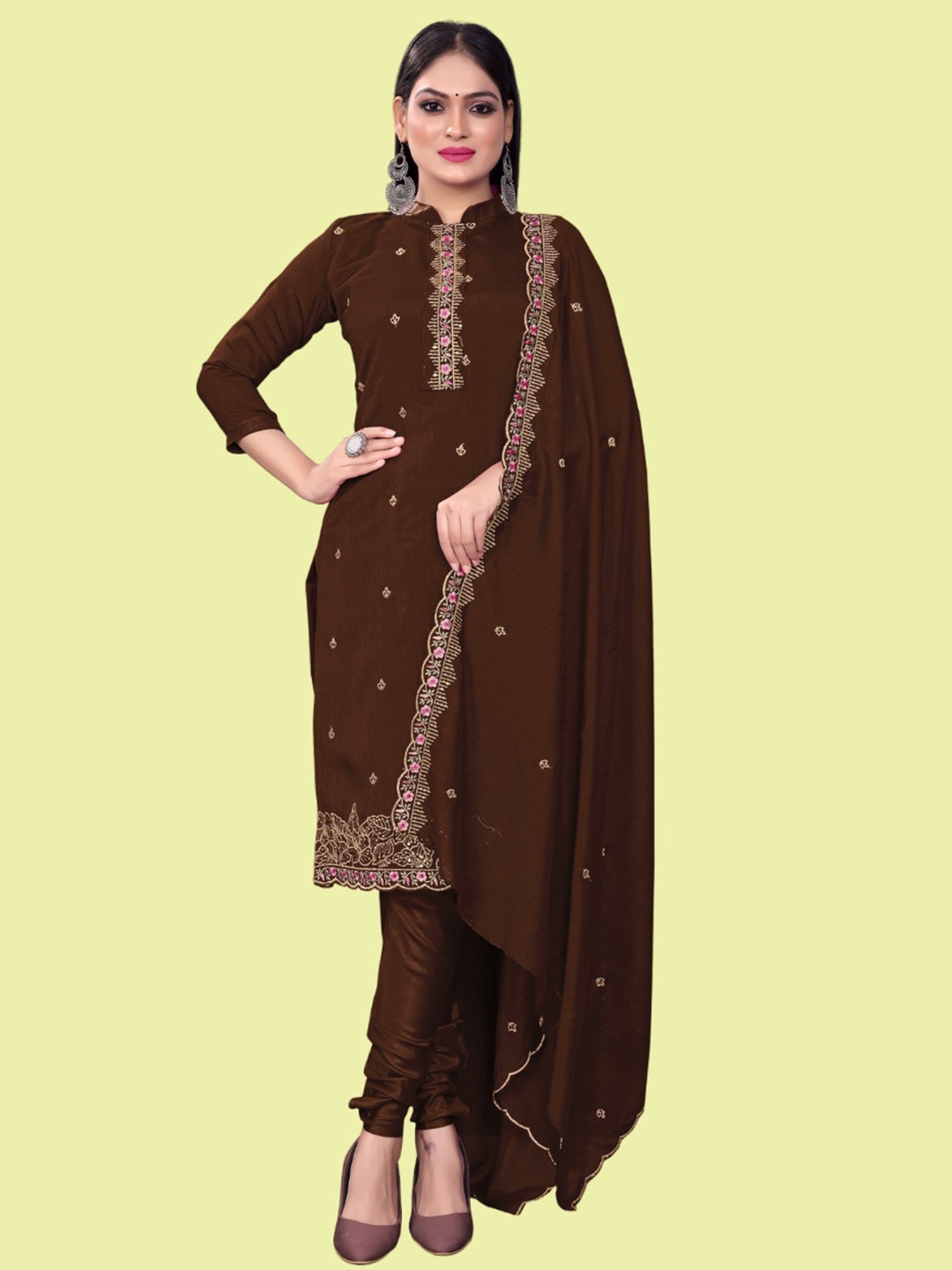 LADY SHOPI Floral Embroidered Zari Pure Silk Unstitched Dress Material, Brown