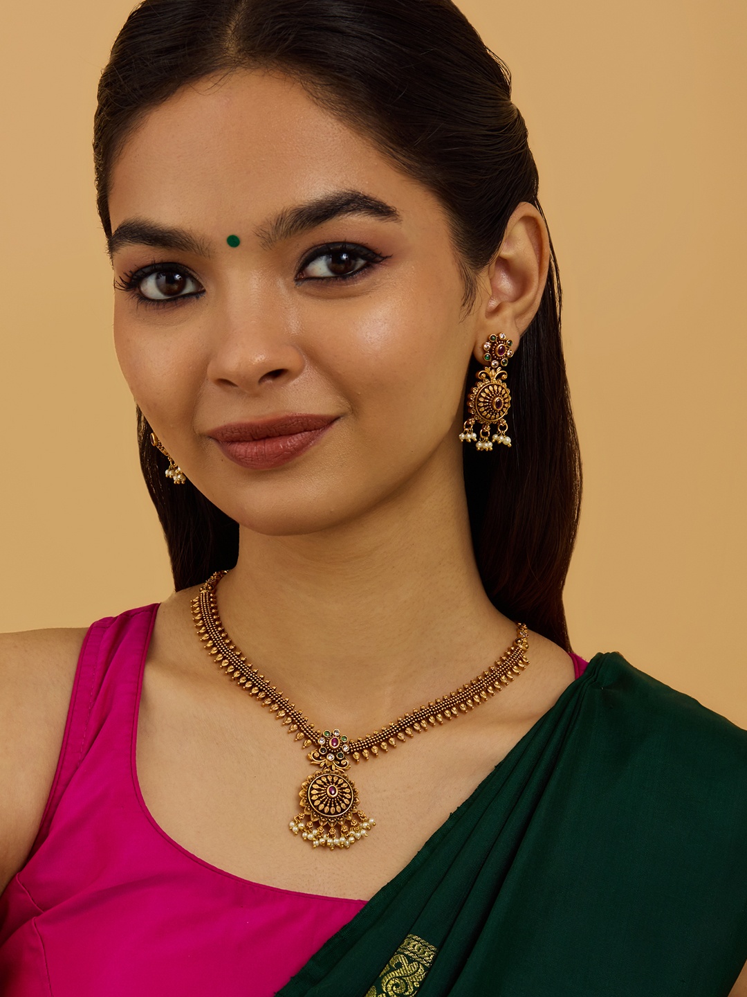 

Kushal's Fashion Jewellery Gold-Plated Beaded Antique Necklace & Earrings