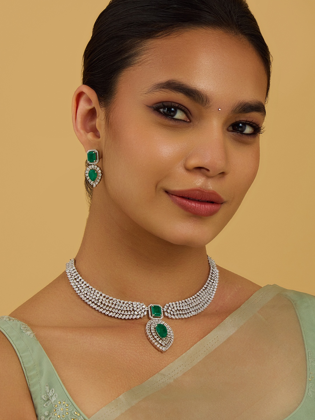 

Kushal's Fashion Jewellery Rhodium-Plated CZ-Studded Jewellery Set, Silver